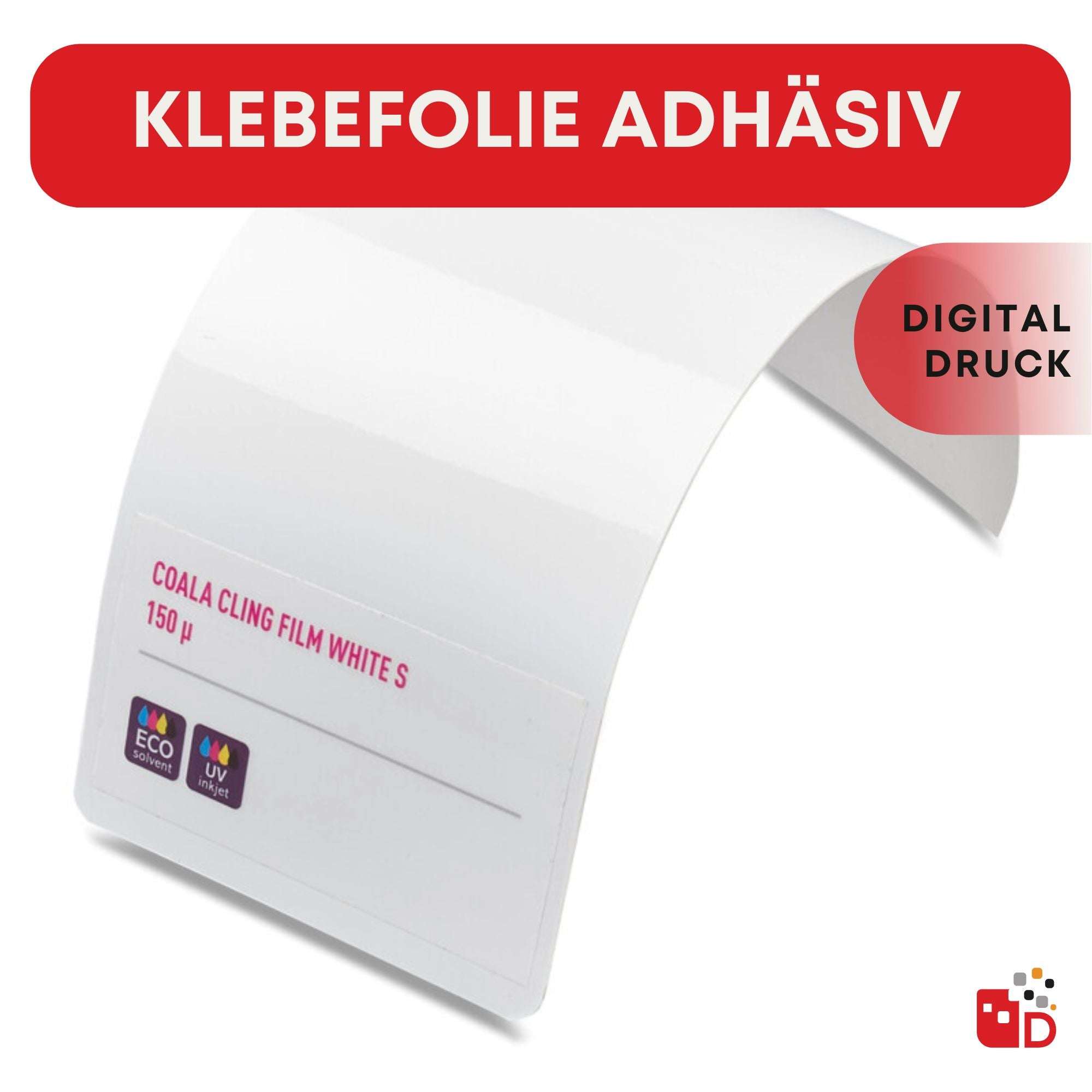 Weiße Adhäsionsfolie in gebogener Form, geeignet für Digitaldruck, 150 Mikrometer dick, mit Eco- und UV-Druck-Icons.