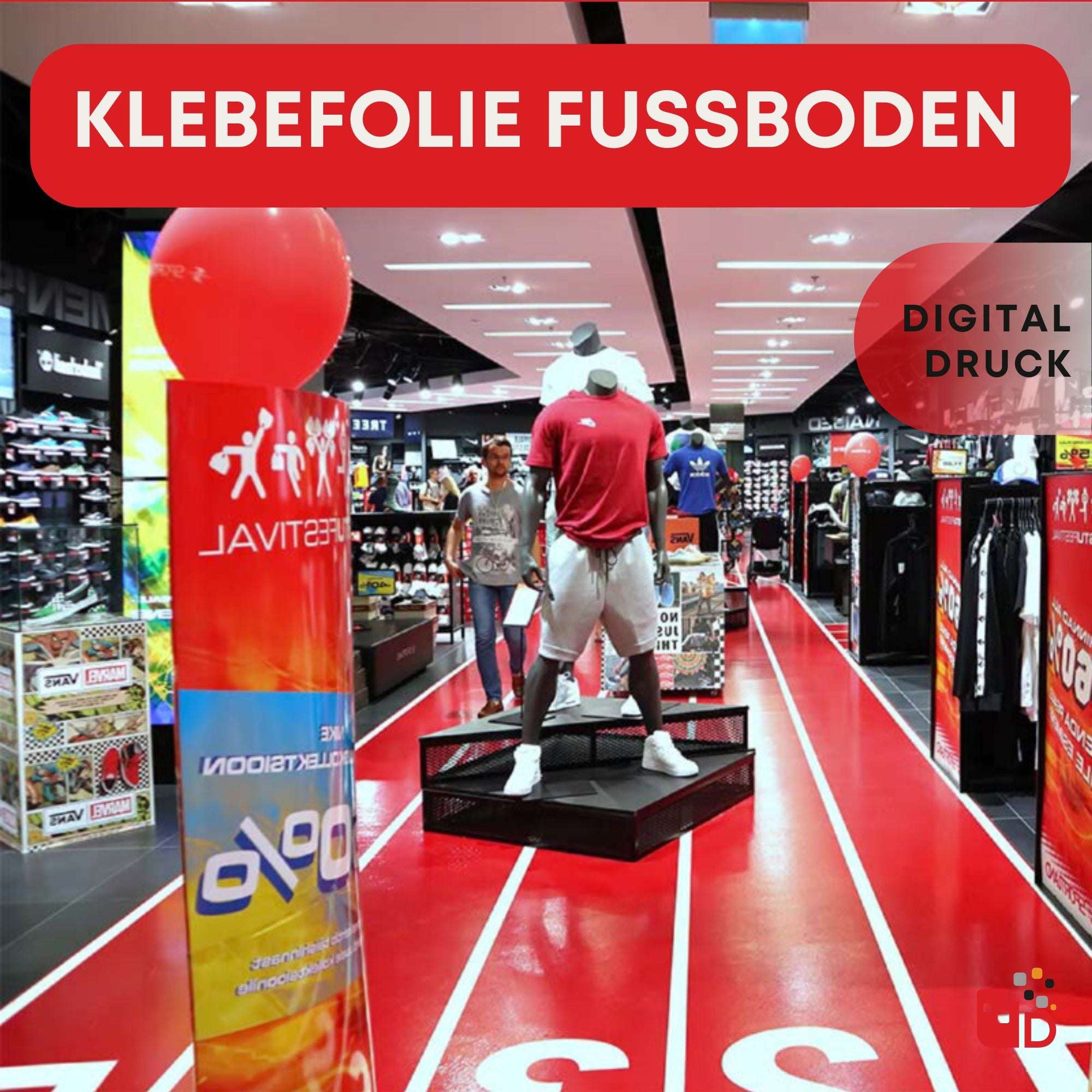 Verkaufsladen mit roten Bodenaufklebern im Laufbahndesign, Schaufensterpuppe im Sportoutfit, umgeben von Sportbekleidung.