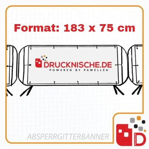 Weiße Absperrgitterbanner mit rotem "Drucknische.de"-Logo, format 183x75 cm, ideal für Events und Werbung im Freien.
