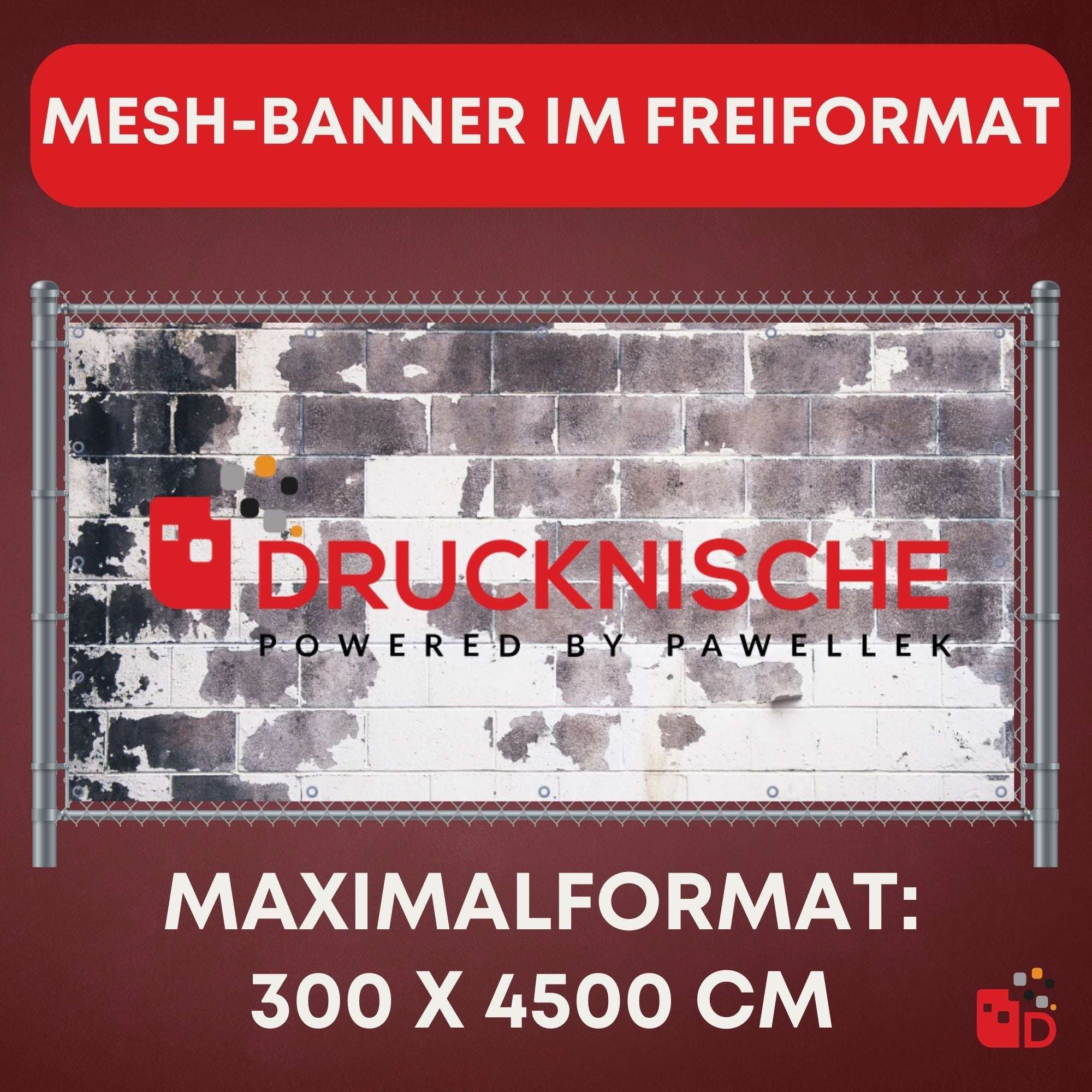 Ein Mesh-Banner mit grauem Ziegelmuster und rotem Logo, aufgehängt an einem Metallzaun. Maximale Größe 300x4500 cm.