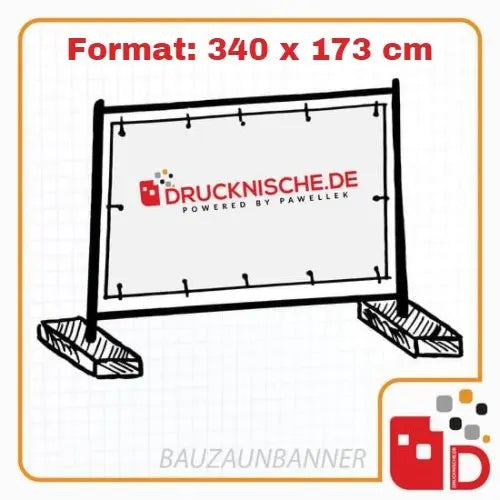 Illustration eines Bauzaunbanners mit „Drucknische.de“-Logo in den Maßen 340 x 173 cm auf einem gitterförmigen Hintergrund.