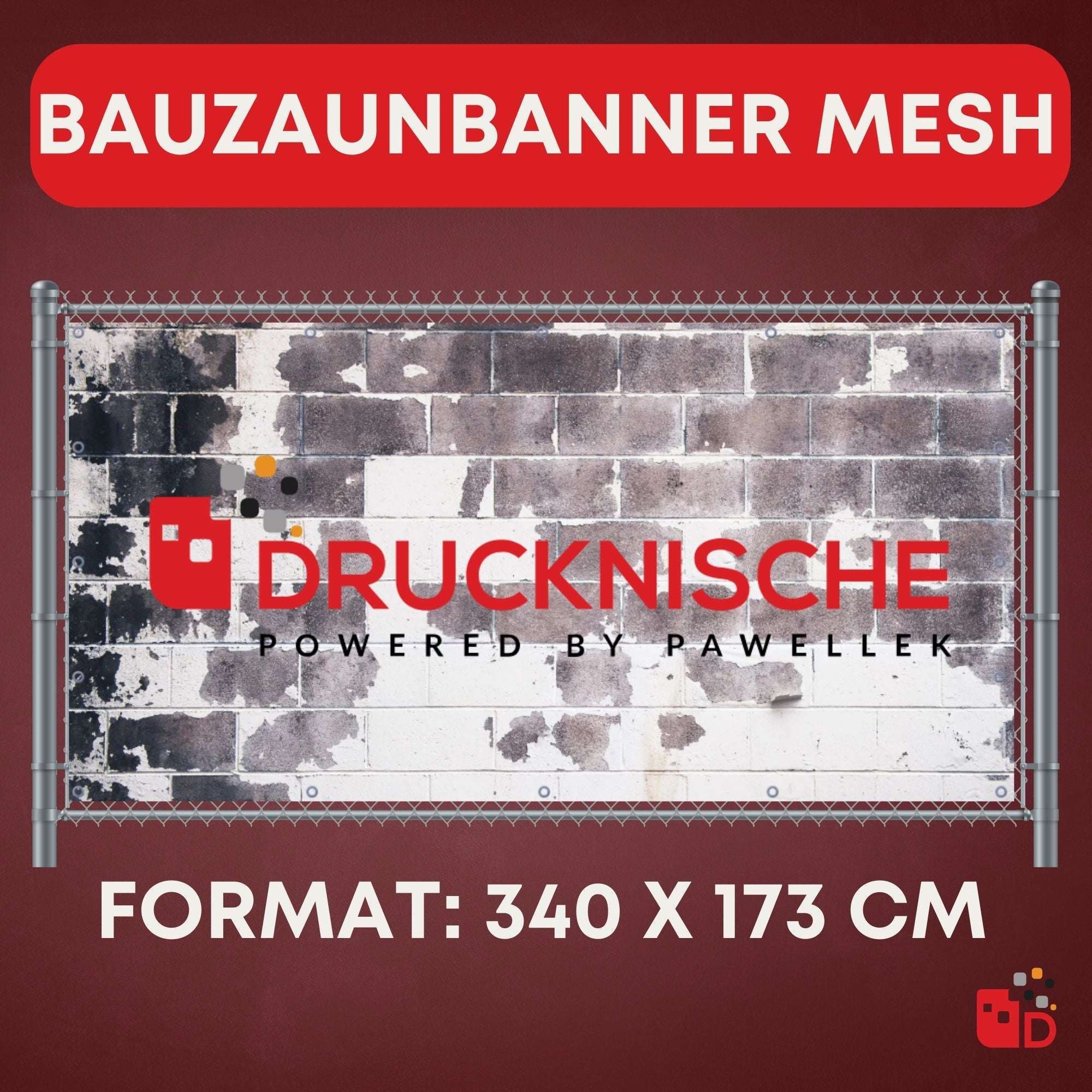 Mesh-Banner für Bauzäune mit Vintage-Design und Firmenlogo auf einer alten, verwitterten Ziegelwand, Format: 340 x 173 cm.