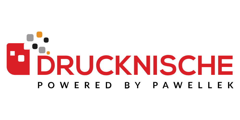 Ein Logo mit dem Text "Drucknische Powered by Pawellek", links ein stilisiertes rotes Quadrat mit kleinen, bunten Quadraten.