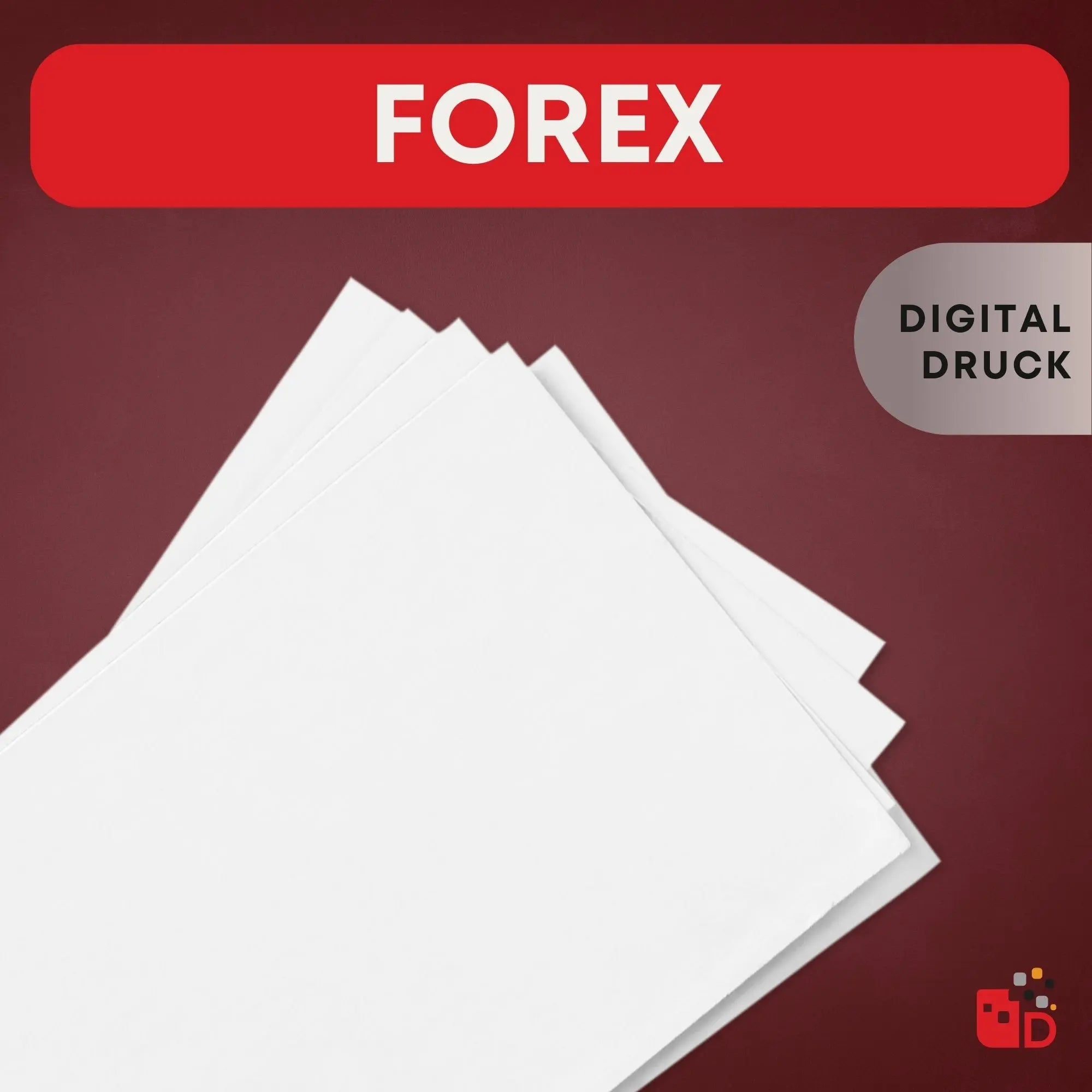 Mehrere weiße Forex-Platten auf rotem Hintergrund mit den Worten "Forex" und "Digital Druck" in fettgedrucktem Text.