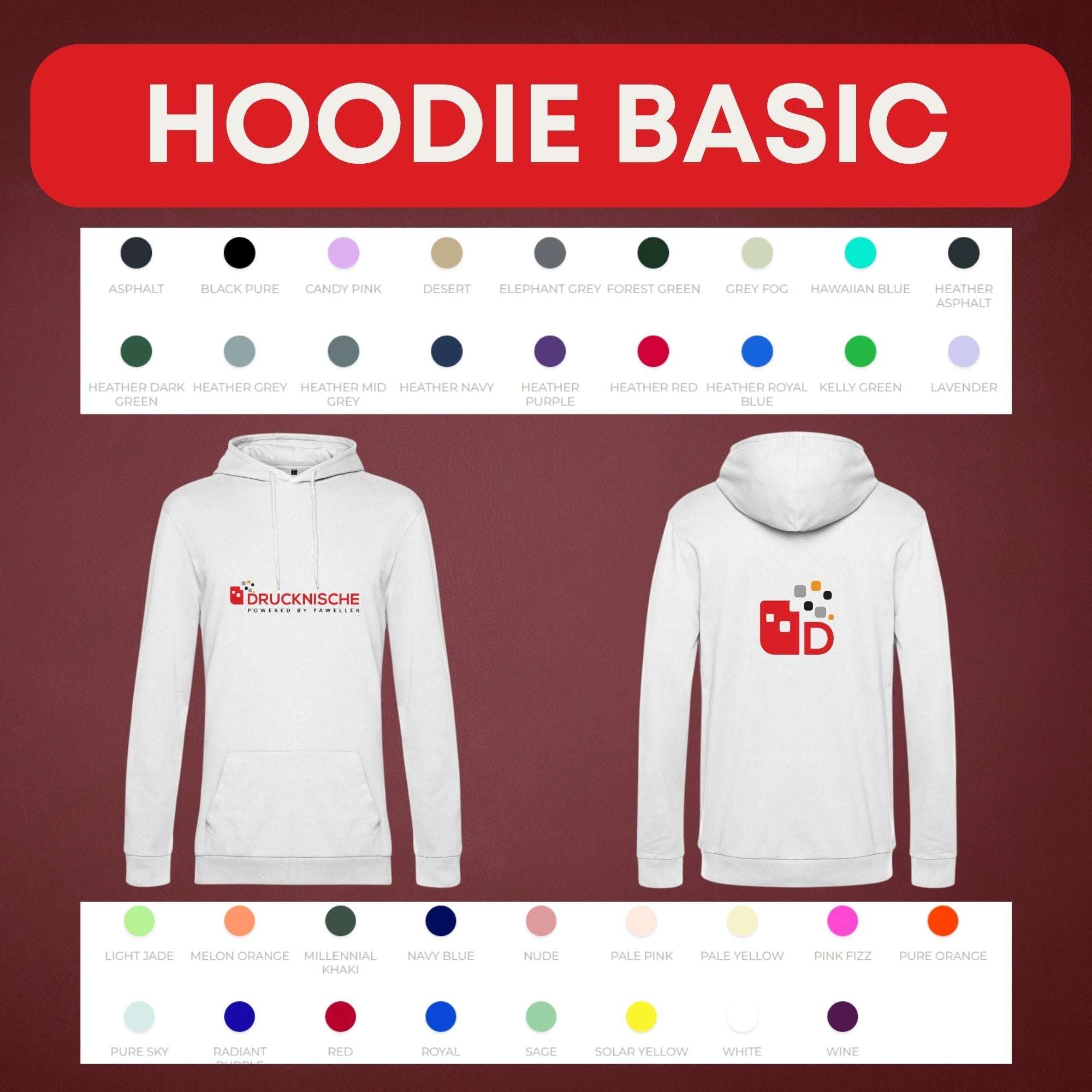 Vorder- und Rückansicht eines weißen Hoodies mit Aufdruck, Farbproben zeigen verfügbare Hoodie-Farben, oben roter Hintergrund mit weißem Text.
