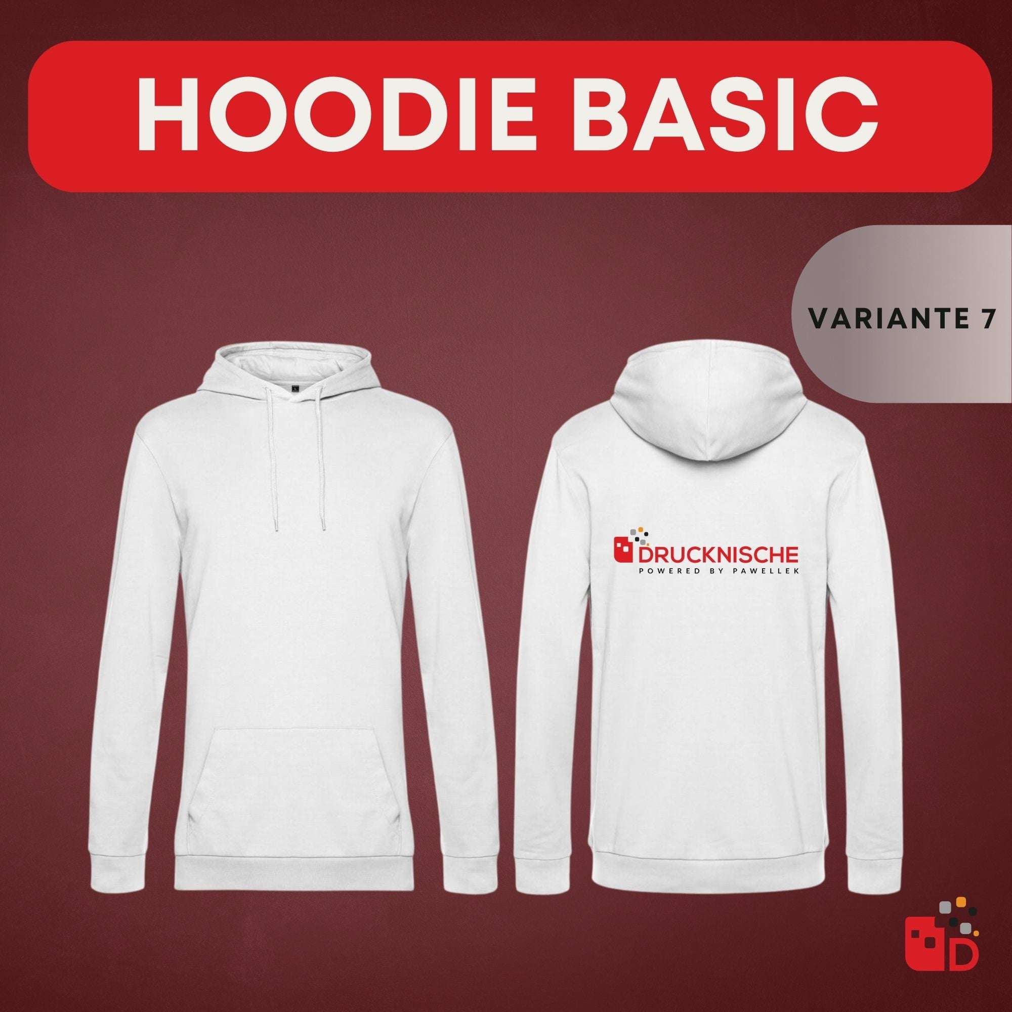 Weiße Hoodie Basic Vorder- und Rückansicht auf dunkelrotem Hintergrund, "Drucknische" Logo prominent auf Rücken und vorne.