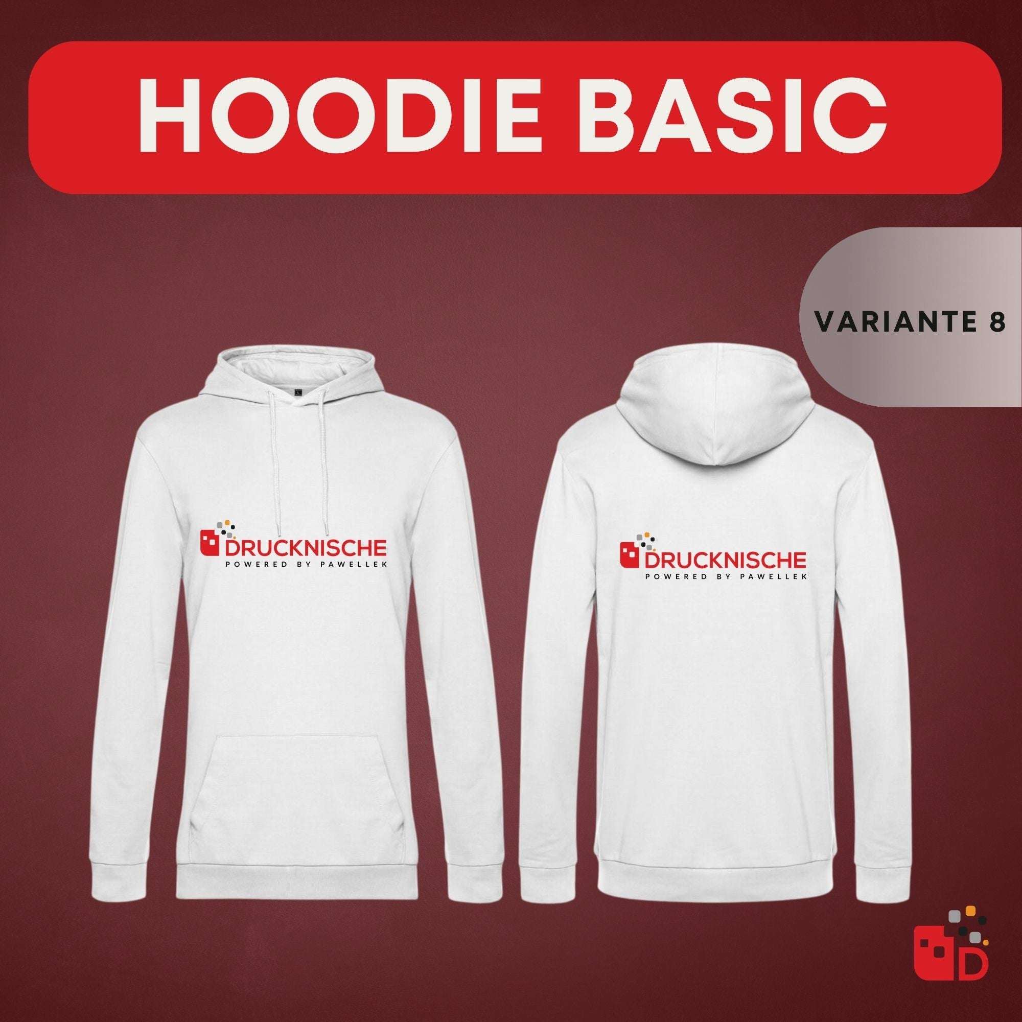 Weiße Hoodies mit zentralem roten und schwarzen "DRUCKNISCHE" Logo, Vorder- und Rückansicht, auf dunkelrotem Hintergrund.