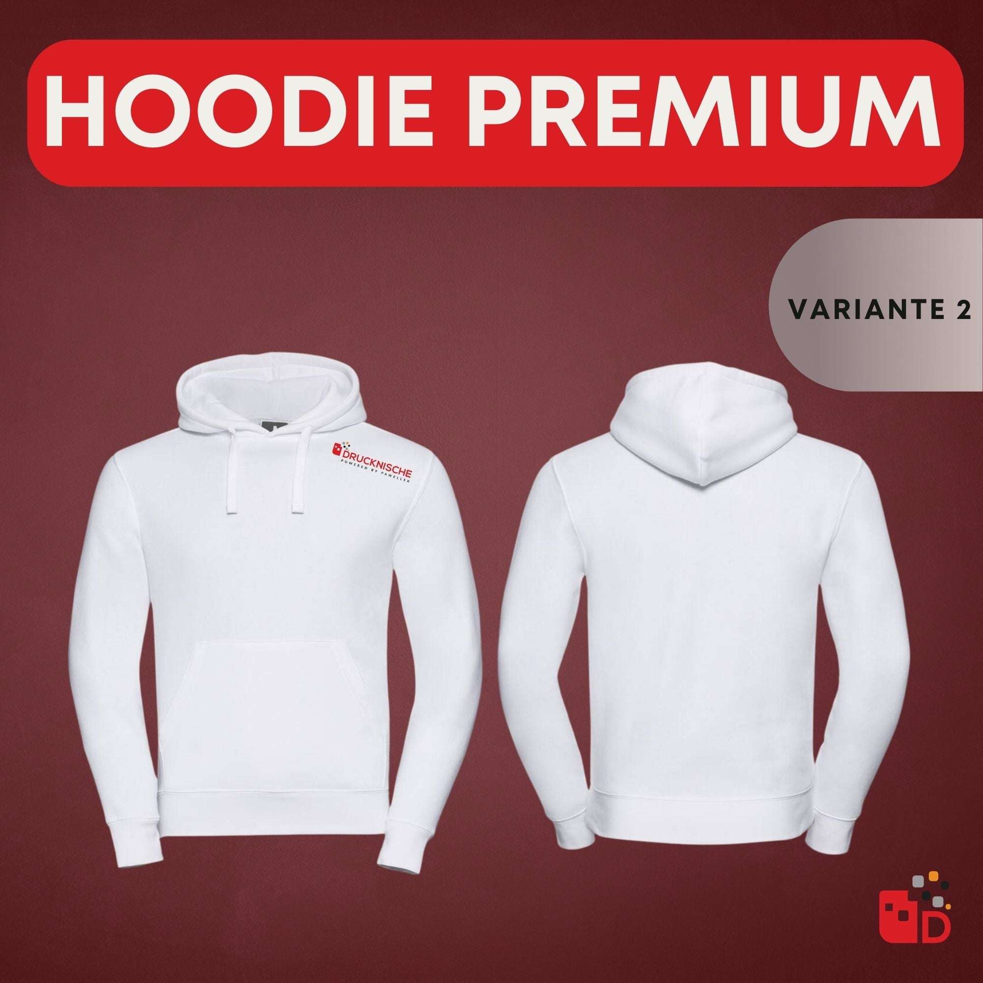 Weiße Premium-Hoodie-Variante auf weinrotem Hintergrund, Vorder- und Rückansicht, mit Kapuze und Kordeln, schlichtes Design.