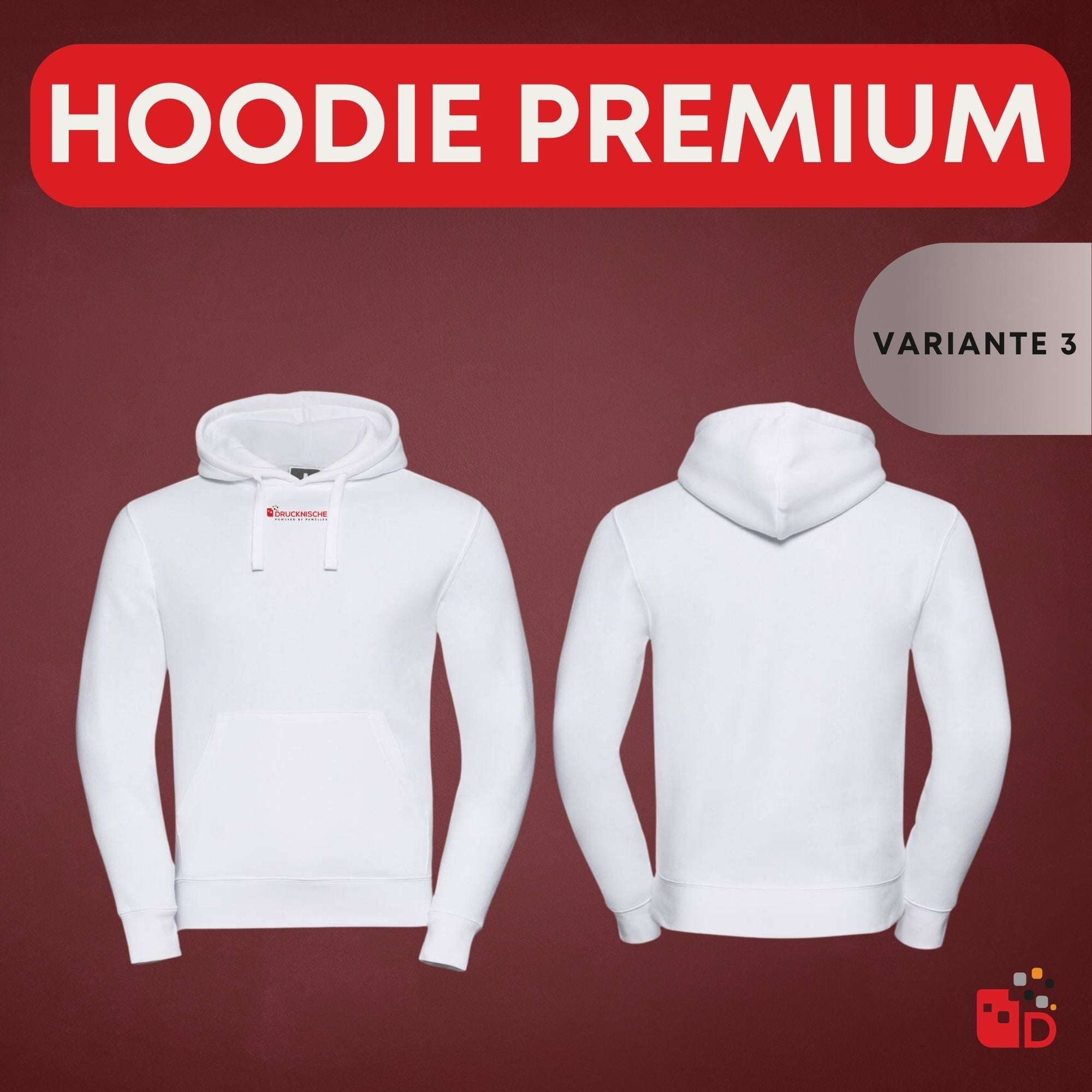Weiße Premium-Hoodie-Variante auf weinrotem Hintergrund, Vorder- und Rückansicht, mit Kapuze und Kordeln, schlichtes Design.