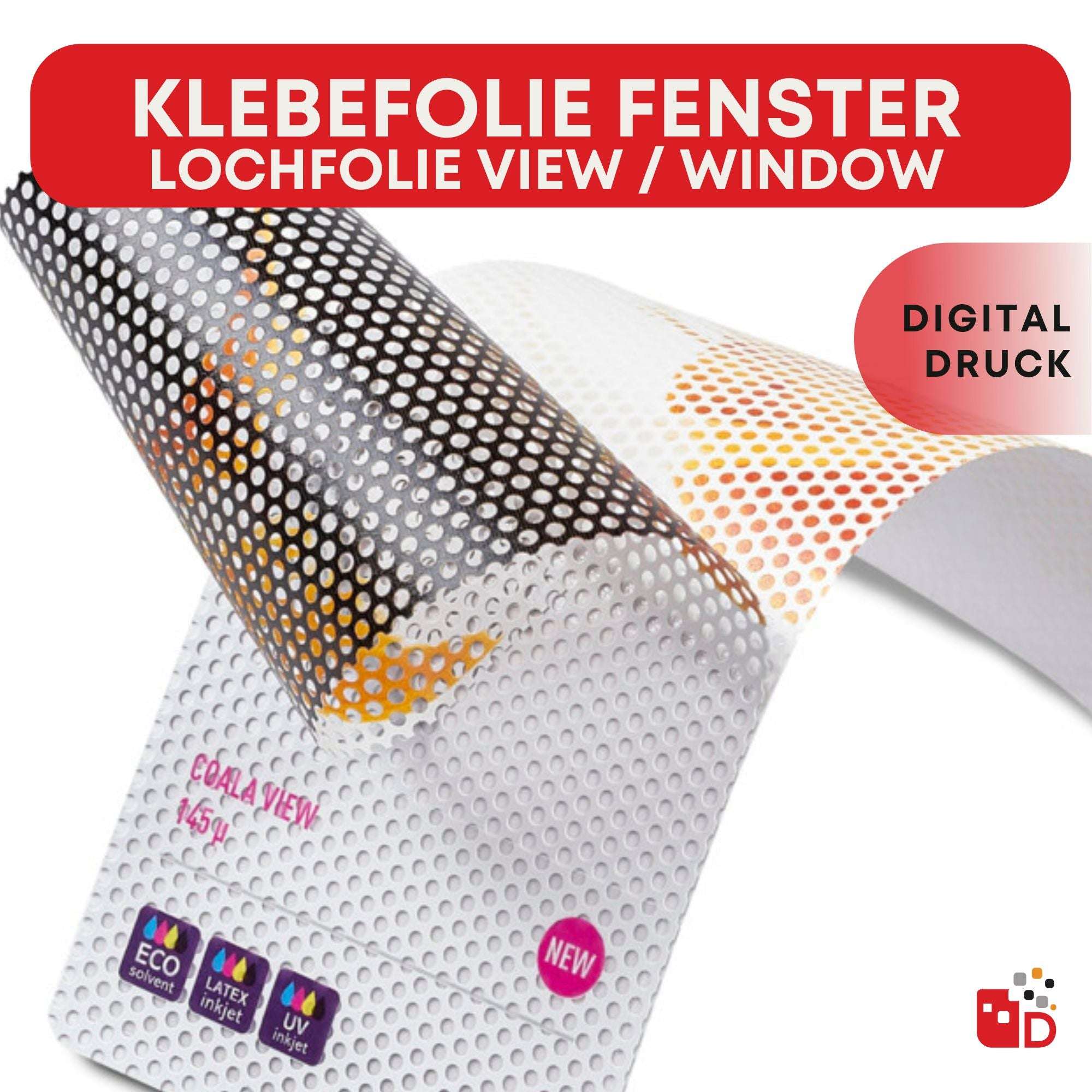 Klebefolie mit Lochmuster für Fenster, digital bedruckt; zeigt farbenfrohes Design, ideal für Sichtschutz und Dekoration.