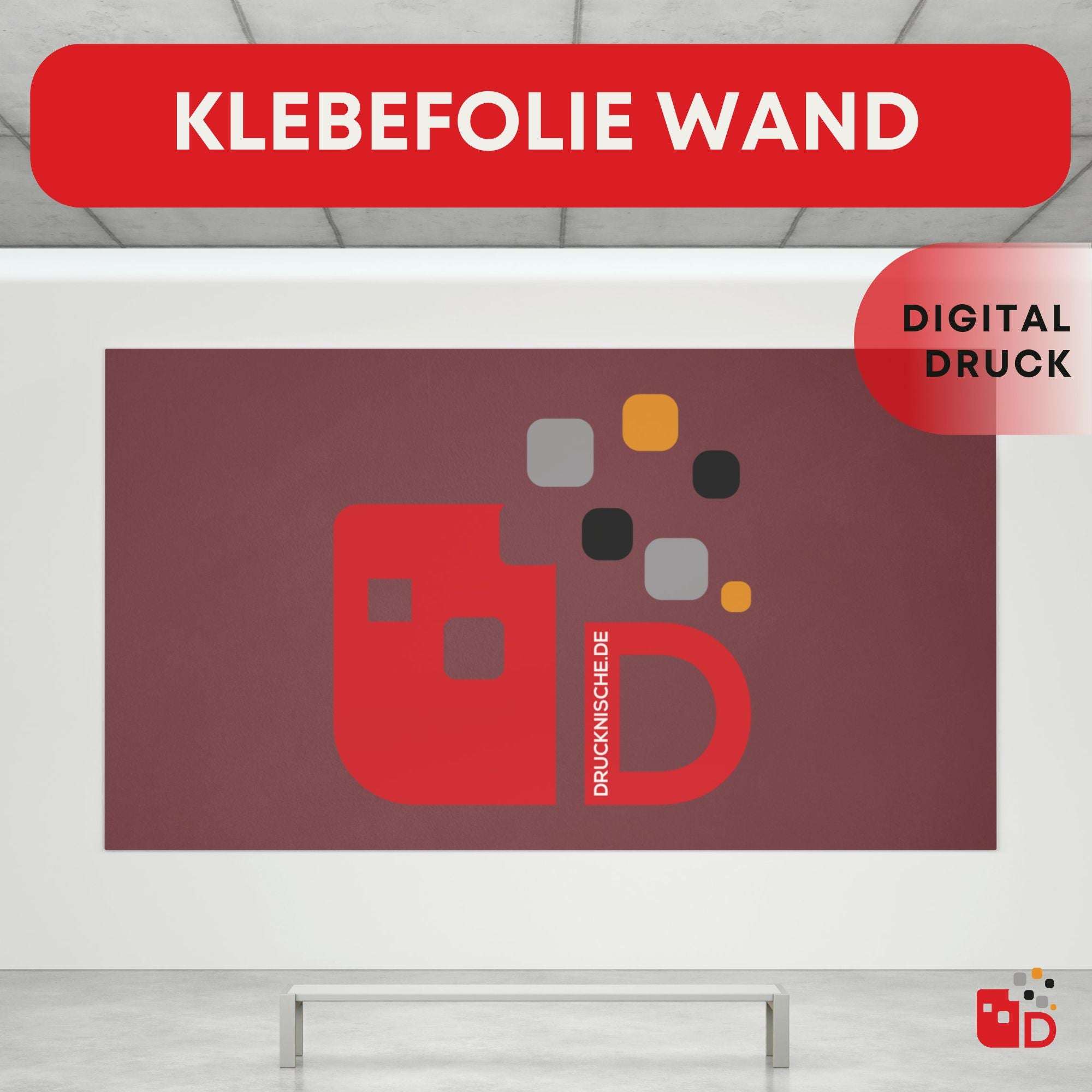 Klebefolie an einer Wand mit abstraktem Design, grafischen Elementen in Rot, Grau und Schwarz sowie digitalem Druck.