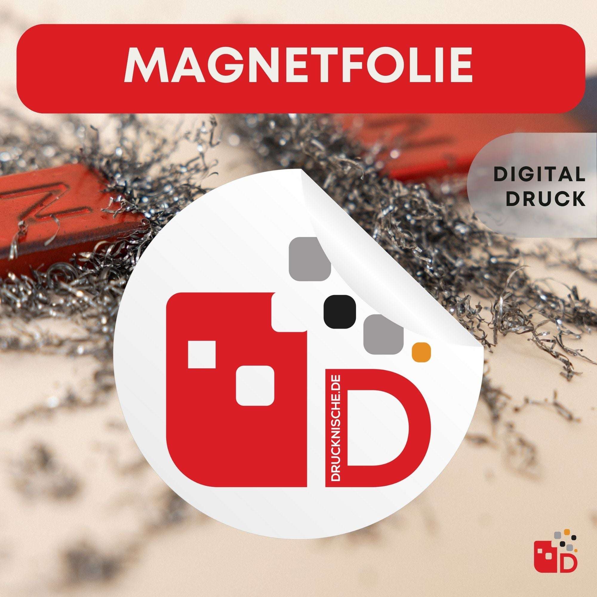 Runde Magnetfolie mit roten und grauen Quadraten, Markenlogo und Aufschrift "Digitaldruck" in einem ansprechenden Design.
