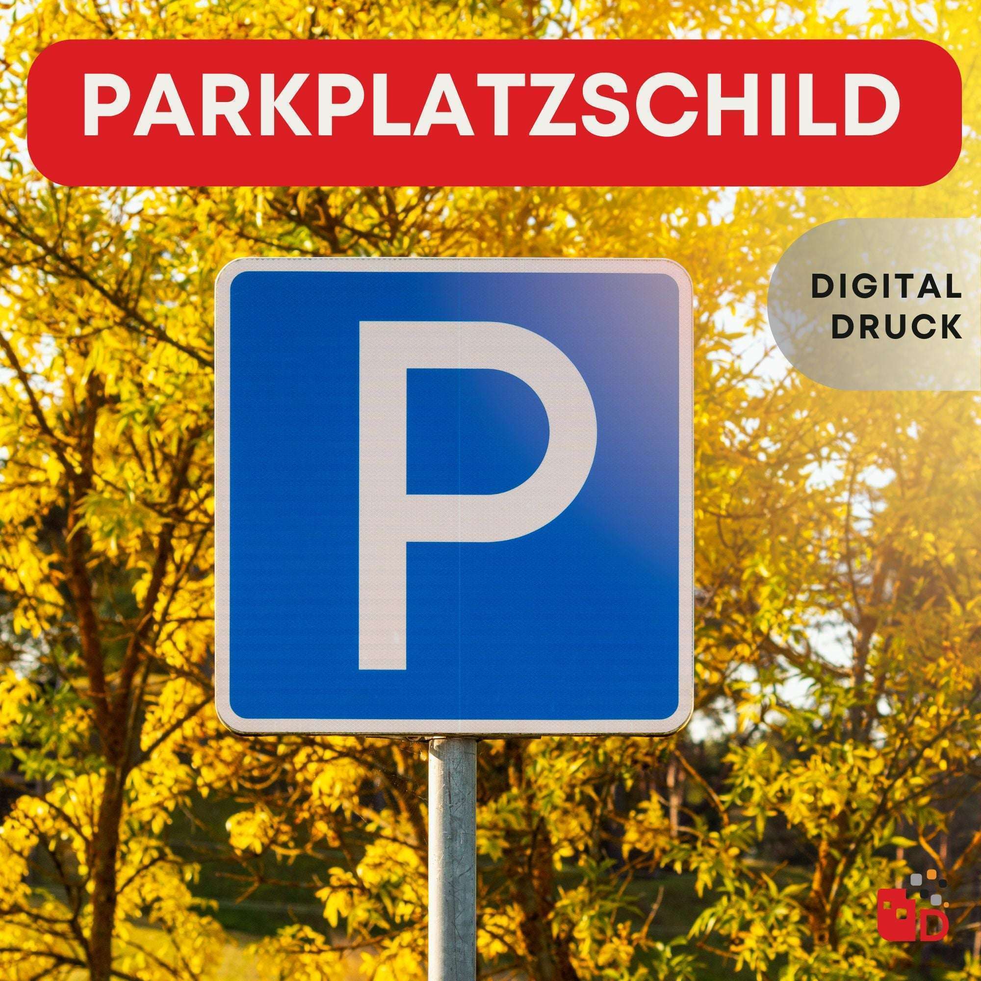 Ein blaues Parkplatzschild mit weißem "P" darauf steht vor einem herbstlichen Baum mit gelben Blättern im Hintergrund.