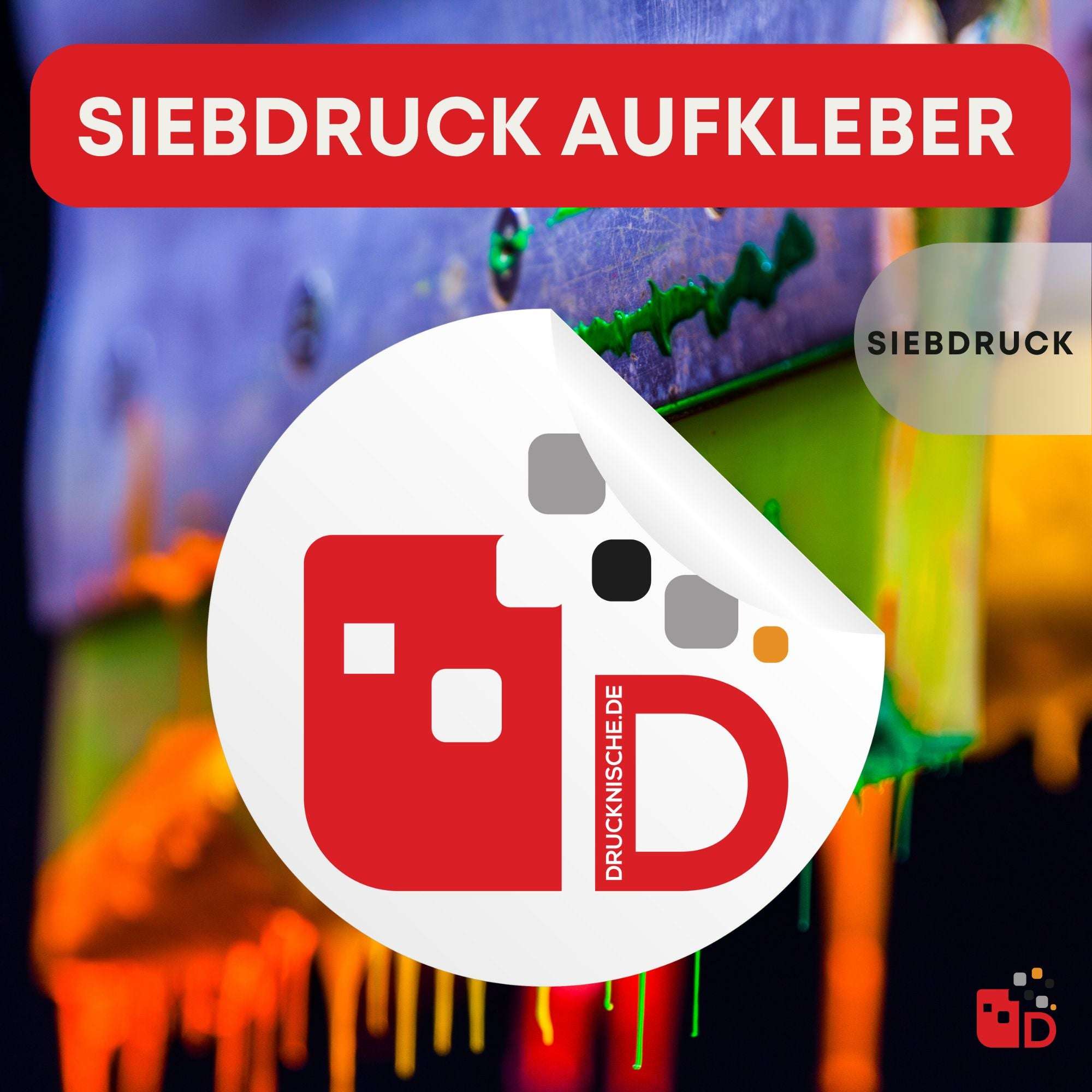 Ein runder Siebdruck-Aufkleber mit abstraktem Logo auf einem farbenfrohen Hintergrund, der leuchtende Flüssigkeiten zeigt.