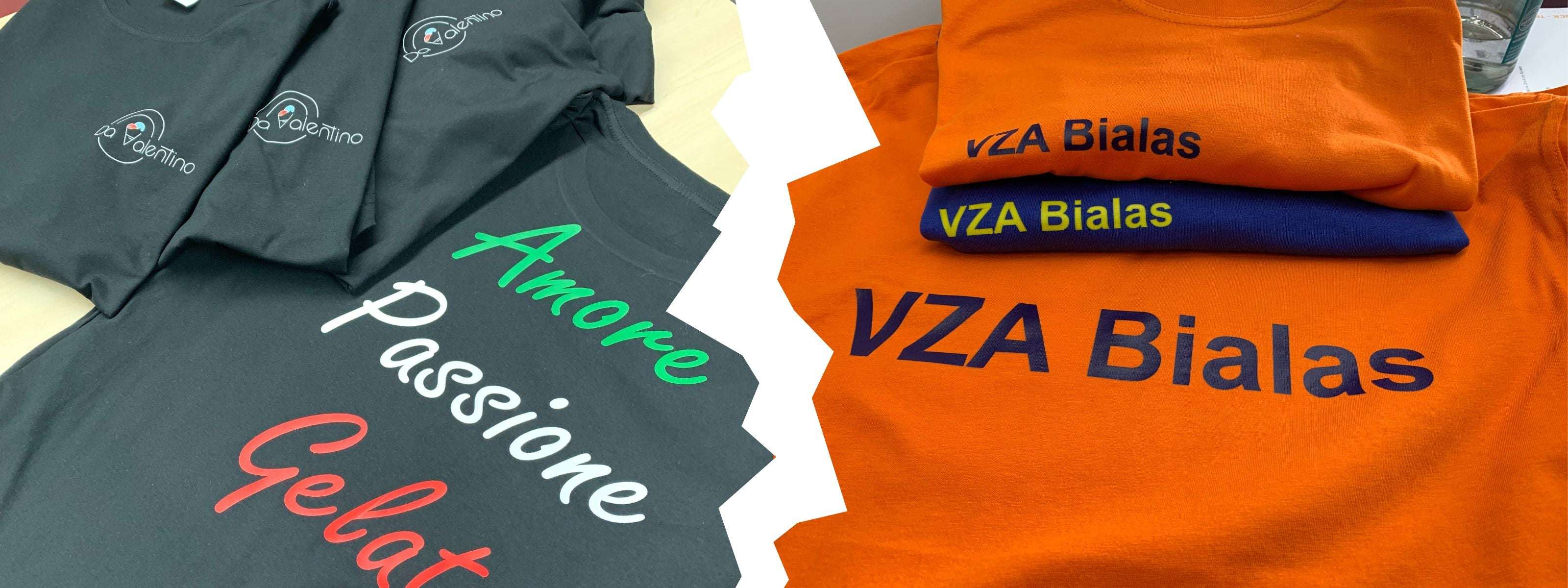 Kollektion von individuellen T-Shirts in verschiedenen Farben mit den Aufschriften "Amore Passione Gelato" und "VZA Bialas".