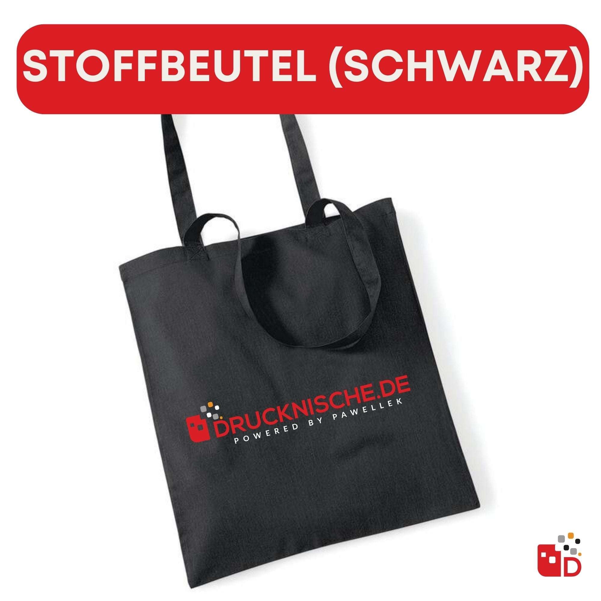 Schwarzer Stoffbeutel mit zwei langen Henkeln auf weißem Hintergrund, zentral platziert mit rotem Markenlogo und Schriftzug.