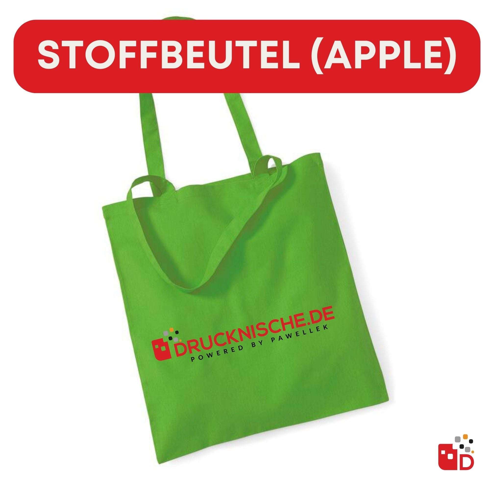 Grüner Stoffbeutel mit Drucknische.de-Logo, feine lange Tragegriffe, ideal für bewusstes umweltfreundliches Einkaufen.