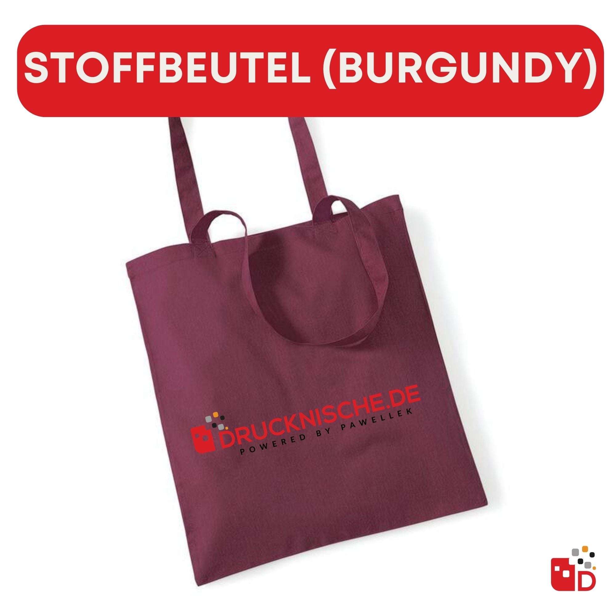 Ein burgundyfarbener Stoffbeutel mit zwei Henkeln und rechteckiger Form, ideal für Einkauf oder alltägliche Nutzung.