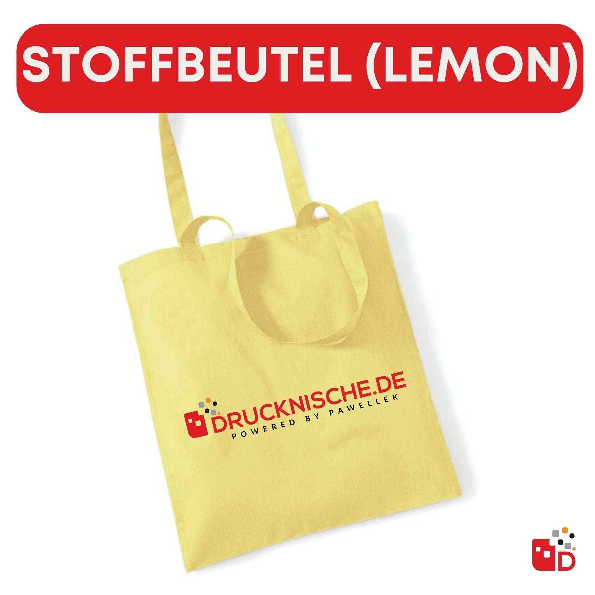 Ein Stoffbeutel in der Farbe Lemon mit langen Henkeln und dem roten Aufdruck "Drucknische.de" auf der vorderen Seite.