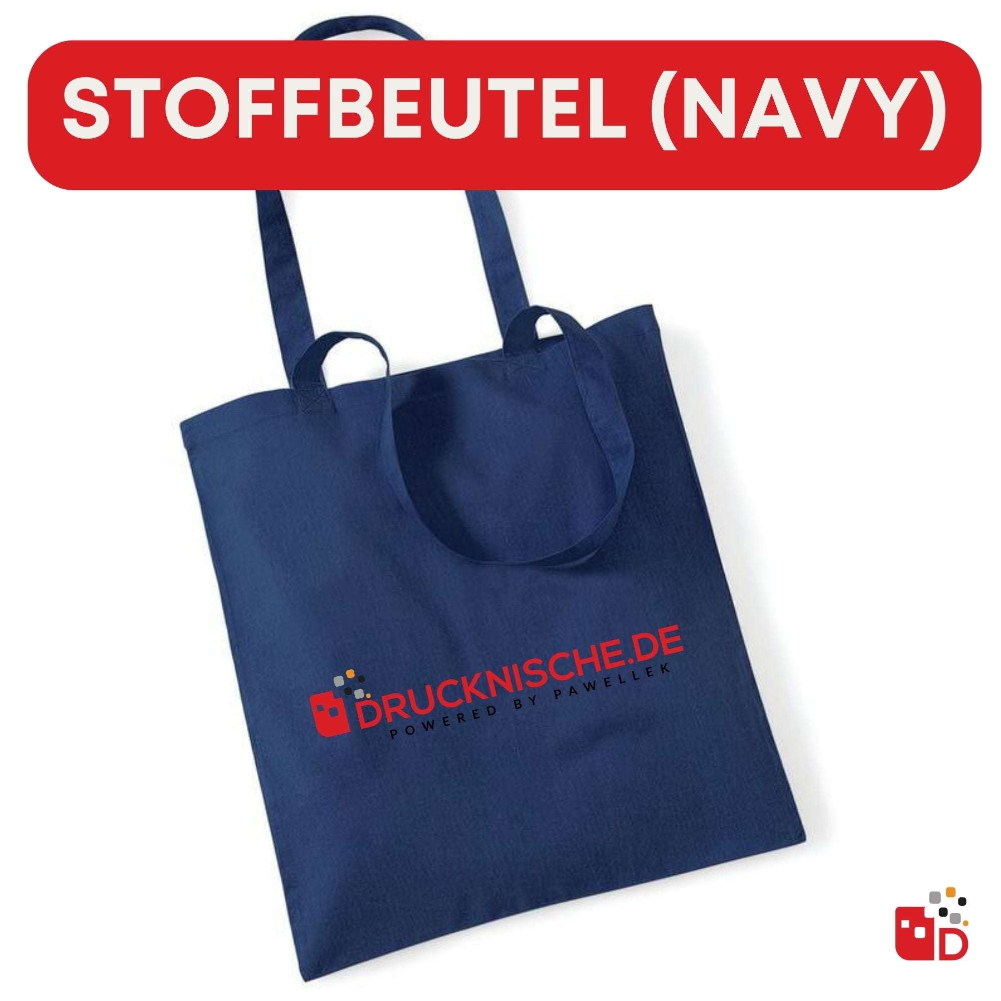 Blauer Stoffbeutel in Navy mit langen Henkeln, flach liegend. Aufdruck "DRUCKNISCHE.DE" in Rot auf der Vorderseite.