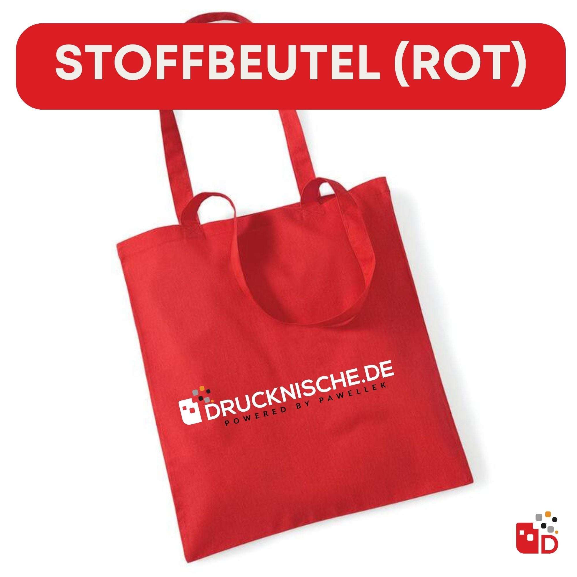 Roter Stoffbeutel mit zwei Henkeln und Logoaufdruck, ideal für umweltfreundliches Einkaufen und vielseitigen Gebrauch.