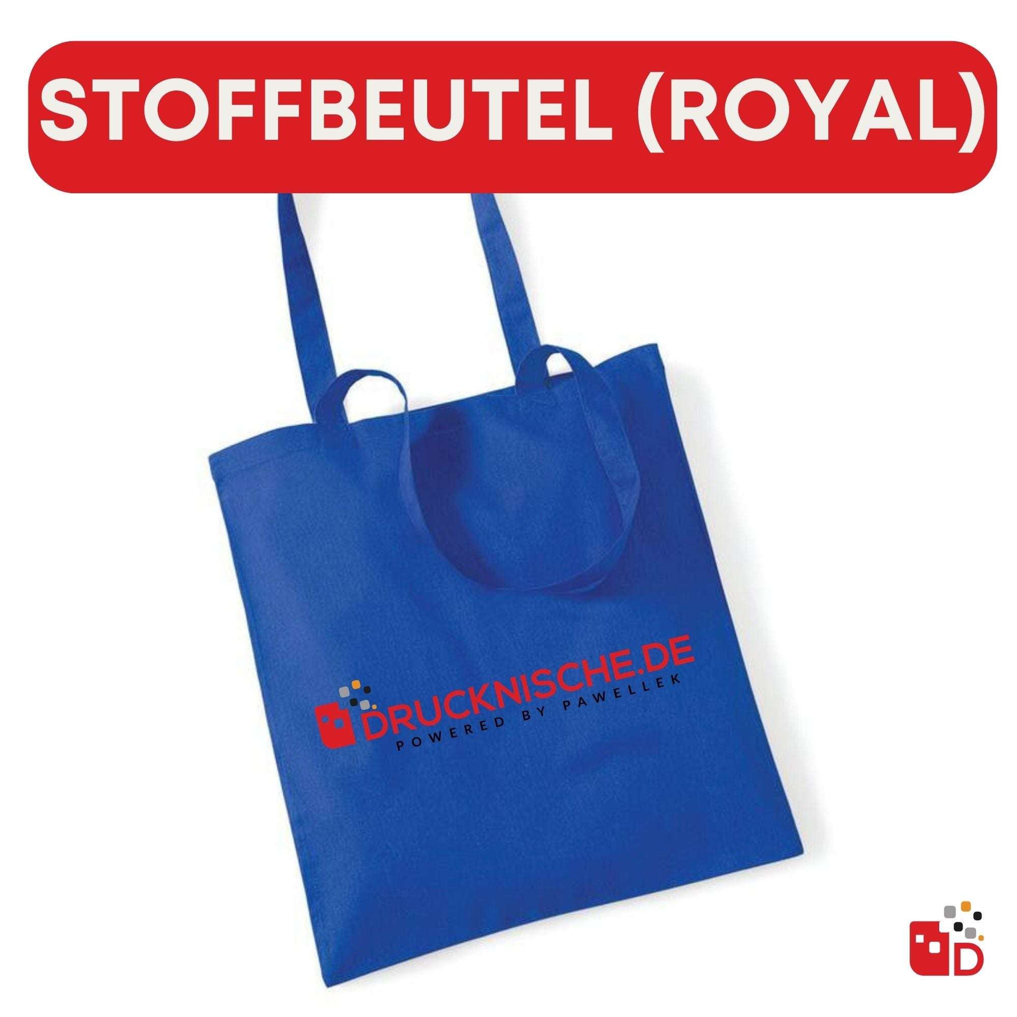 Royalblauer Stoffbeutel mit langen Henkeln, schlichtem Design, auf weißem Hintergrund. Drucknische.de-Logo vorne mittig.