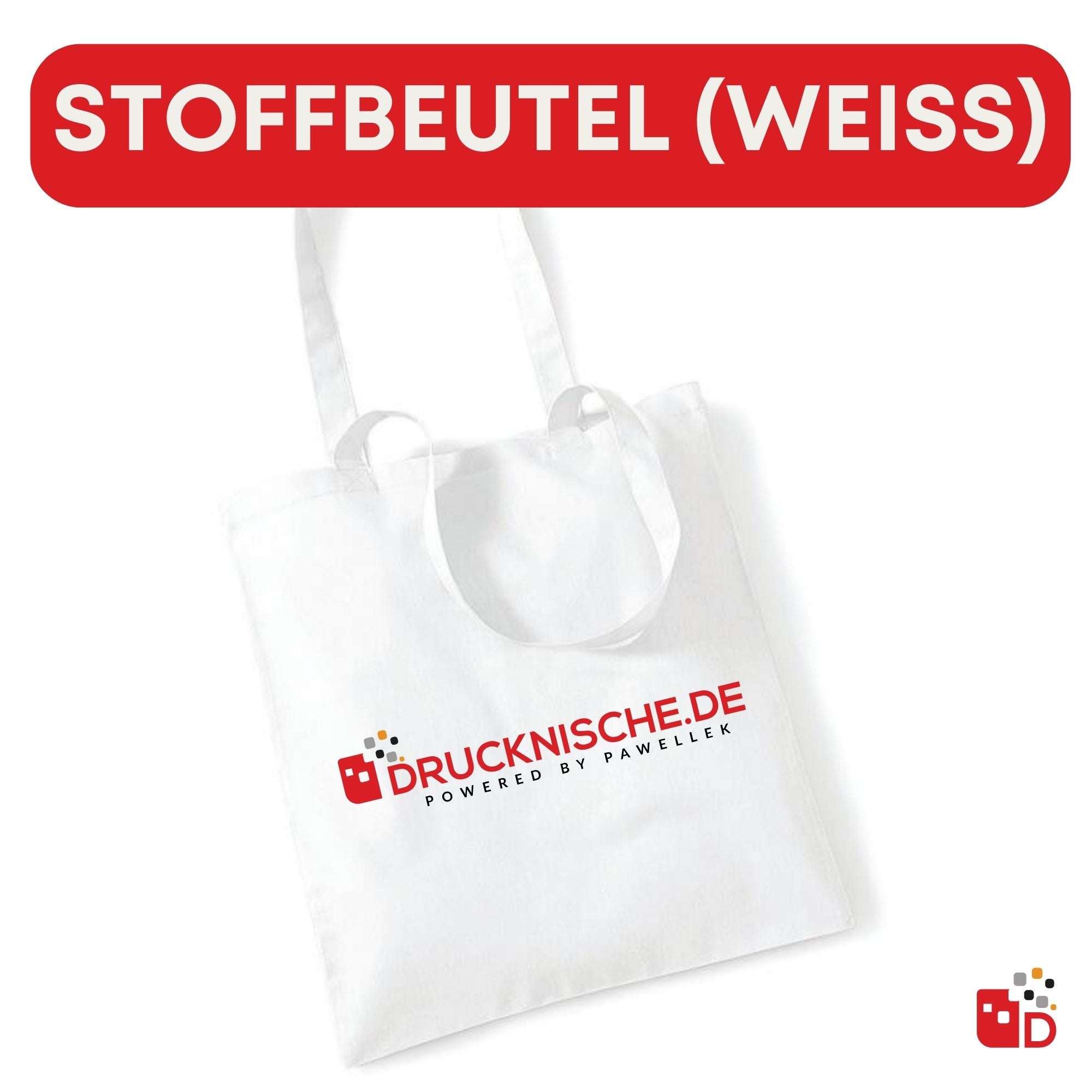Weiße Stofftasche mit roten Henkeln und Aufdruck "DRUCKNISCHE.DE" auf weißem Hintergrund, ideal für vielseitigen Einsatz.