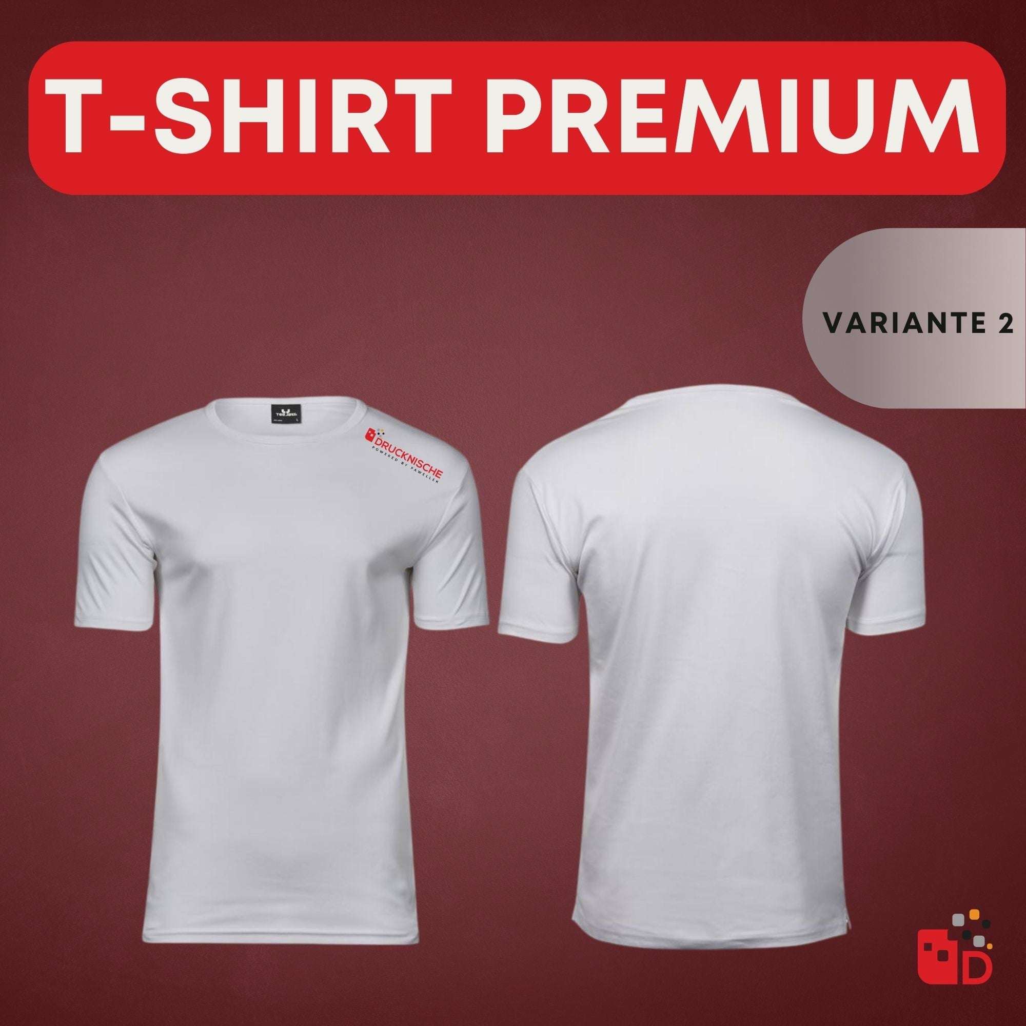Weiße Premium-T-Shirts mit auffälligem "Drucknische"-Logo vorne und hinten, vor weinrotem Hintergrund, Farboptionen unten.
