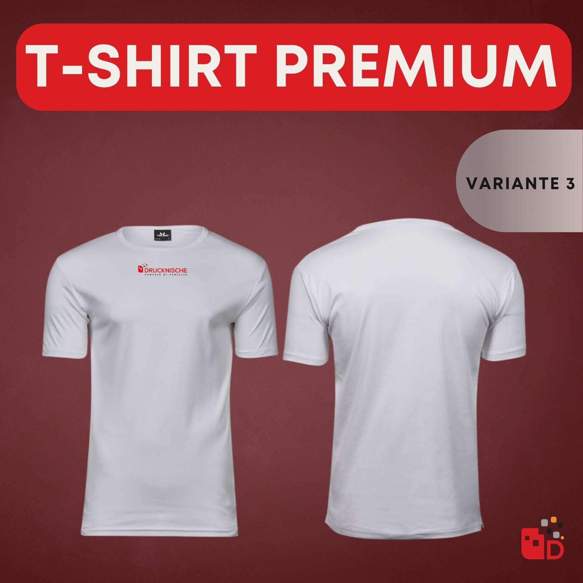 Weiße Premium-T-Shirts mit auffälligem "Drucknische"-Logo vorne und hinten, vor weinrotem Hintergrund, Farboptionen unten.