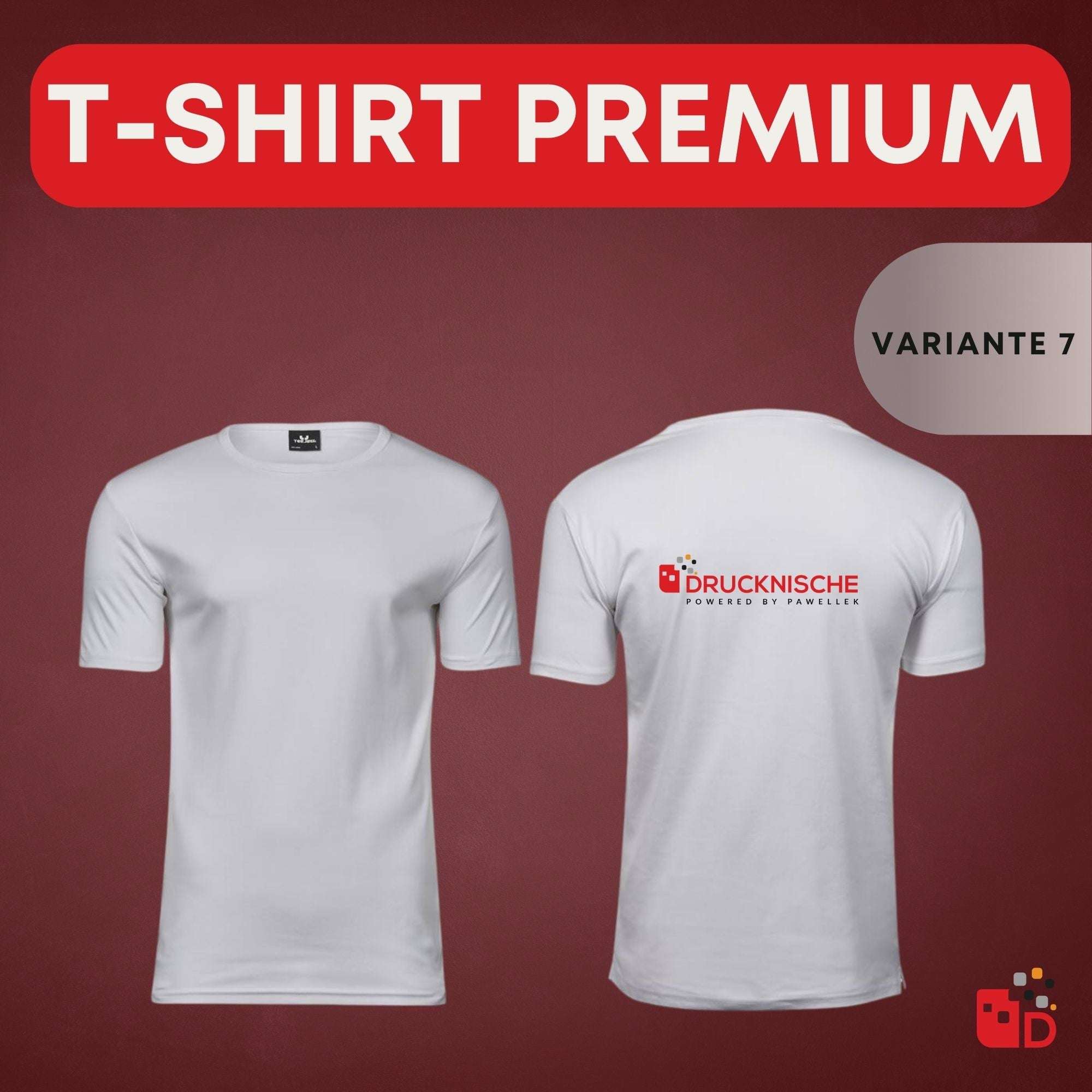 Weiße Premium-T-Shirts mit rotem "Drucknische" Logo auf Vorder- und Rückseite, vor kastanienbraunem Hintergrund, Variante 7.