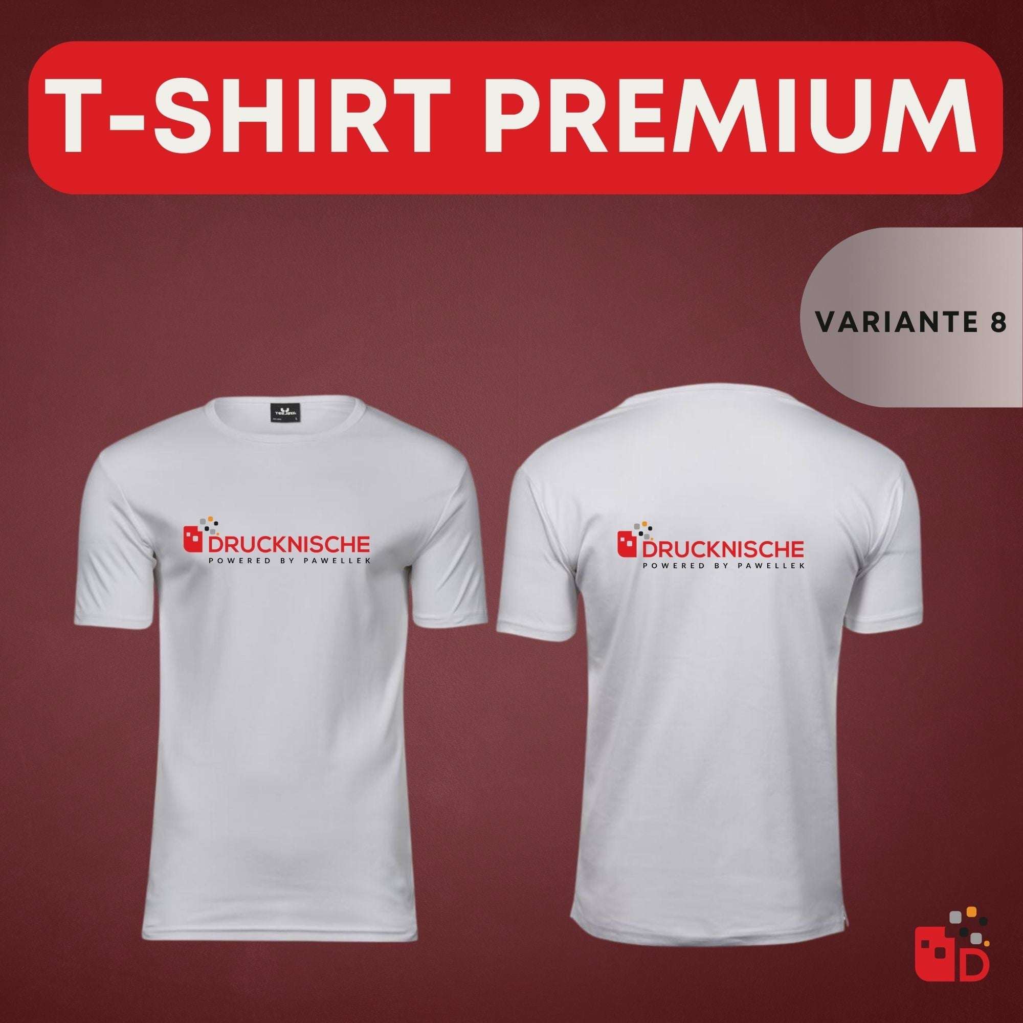 Weiße Premium-T-Shirts mit rotem "Drucknische" Logo auf Vorder- und Rückseite, vor kastanienbraunem Hintergrund, Variante 8.
