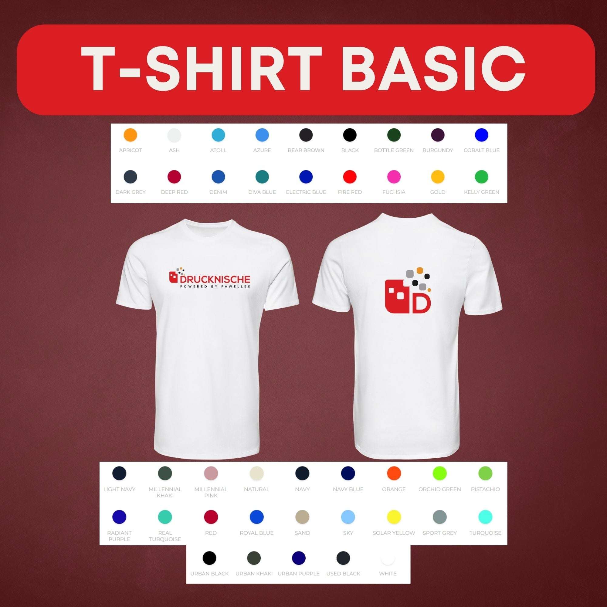 Zwei weiße T-Shirts mit roten und bunten Logos auf Vorder- und Rückseite. Farboptionen für individuelle Gestaltung.