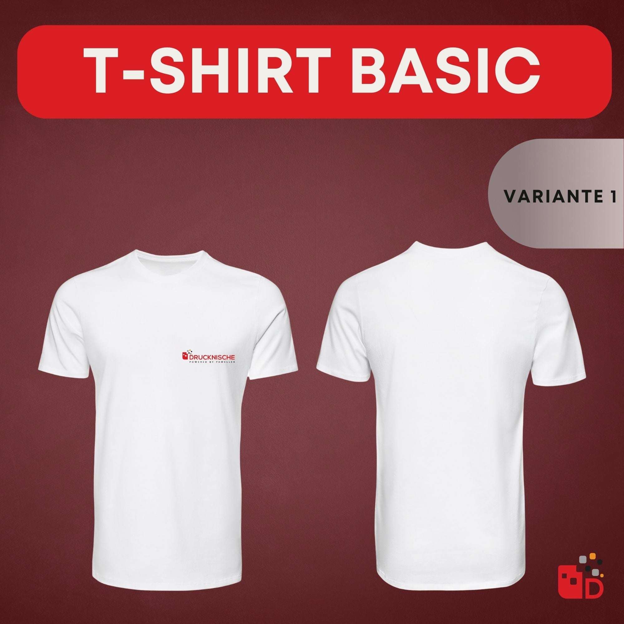 Weißes T-Shirt von vorne und hinten gezeigt, mit kleinem Logo auf der Brust, roter Hintergrund. Text "T-SHIRT BASIC".