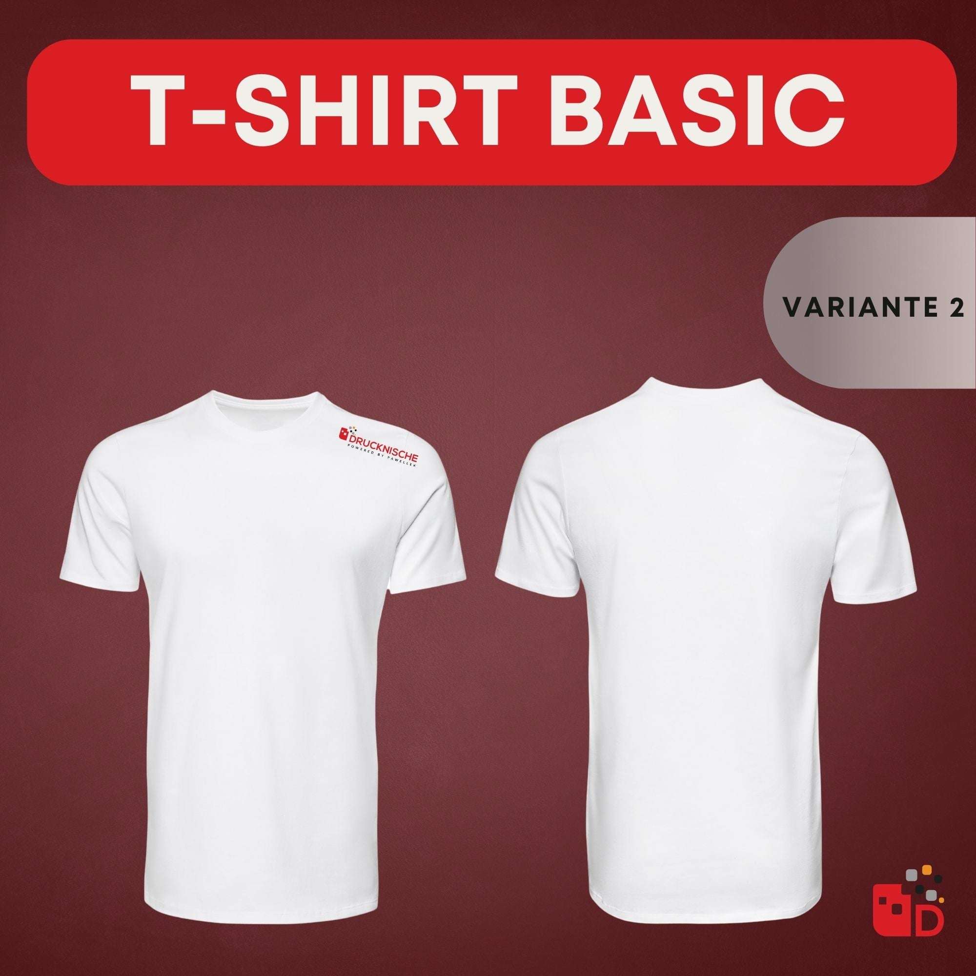 Zwei weiße T-Shirts, Vorder- und Rückansicht, auf dunkelrotem Hintergrund. Eins mit kleinem Logo auf der Schulter.