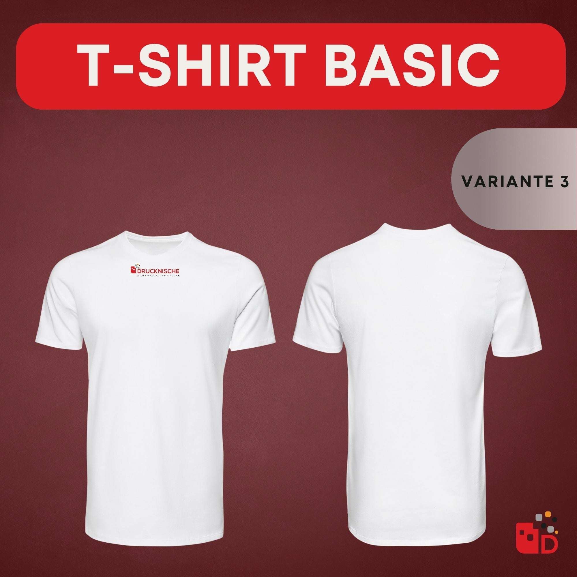 Weiße T-Shirts mit kleinem roten Logo auf der Brust, Vorder- und Rückansicht, vor einem dunkelroten Hintergrund.