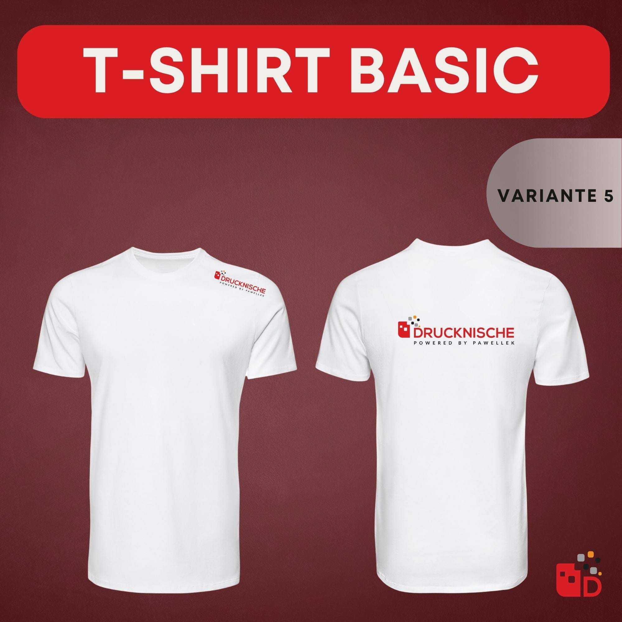 Weißes T-Shirt von vorne und hinten mit dem Aufdruck "Drucknische" auf einem roten Hintergrund. Ideal für Werbezwecke.