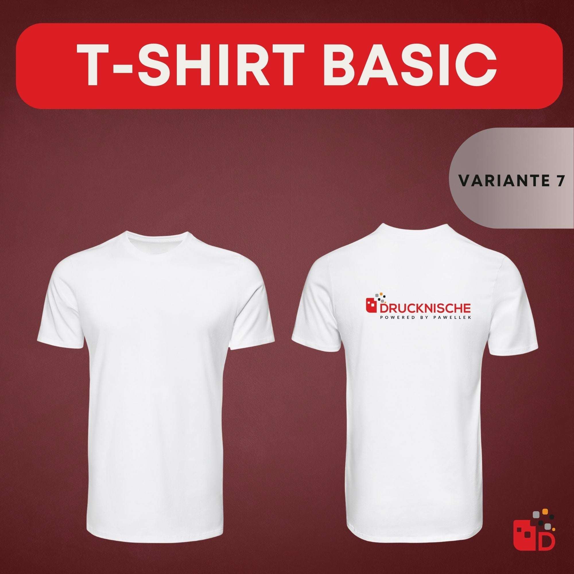 Vorder- und Rückansicht eines weißen T-Shirts mit Logo und Schriftzug "DRUCKNISCHE" auf der Rückseite, roter Hintergrund.