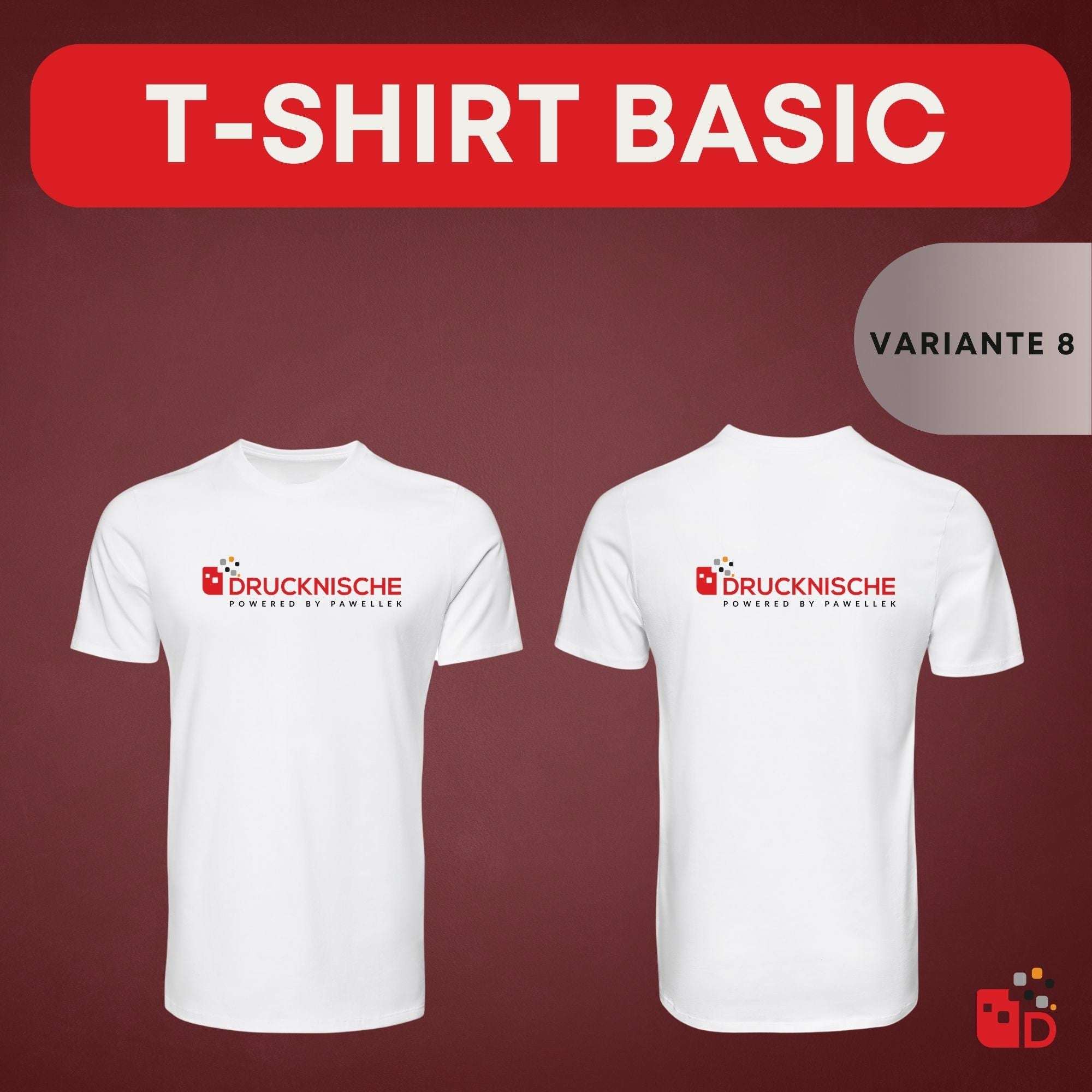 Zwei weiße T-Shirts mit rotem Logo "DRUCKNISCHE" vorne und hinten, präsentiert vor einem dunkelroten Hintergrund.