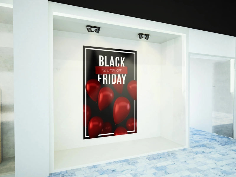 Schwarzes Black Friday-Angebotsschild mit weißem Text, umgeben von schwebenden roten Luftballons, bietet bis zu 75 % Rabatt.