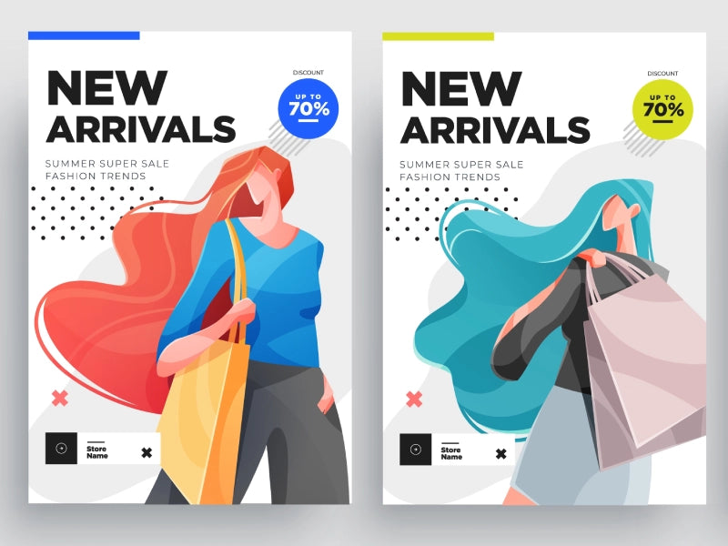 Zwei stilisierte Frauen mit Einkaufstaschen, die Modetrends bewerben. Text hebt "New Arrivals" und Rabatte bis zu 70% hervor.