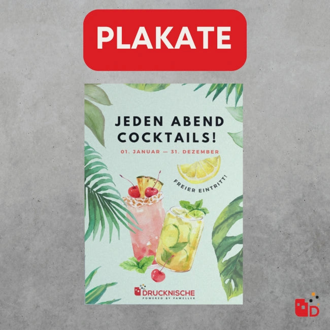Buntes Cocktailposter mit tropischen Blättern, zwei lebhaften Drinks mit Fruchtgarnituren, Veranstaltungsdaten und deutschem Text.