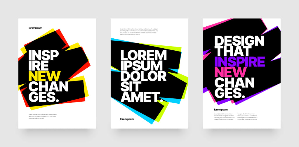 Drei Posterdesigns mit bunten, überlappenden Formen; hervorhebende Sätze wie "Inspire New Changes" in kräftigen, leuchtenden Farben.