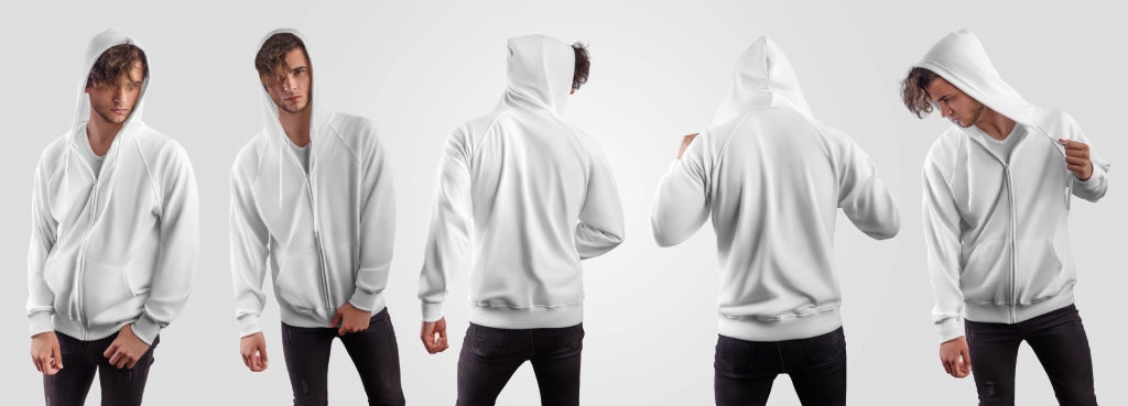 Sechs Bilder eines Mannes in einem weißen Hoodie aus unterschiedlichen Blickwinkeln, um das Design und die Passform zu zeigen.